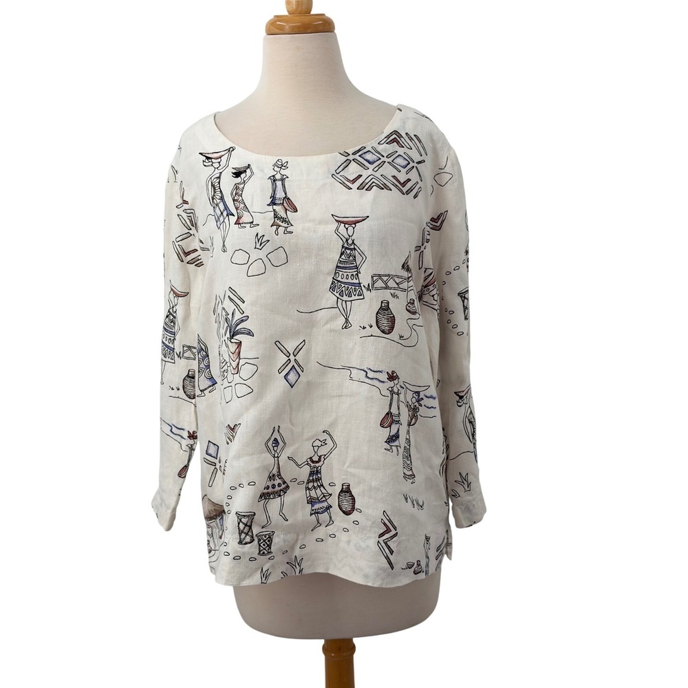 Hot Cotton Womens Long Sleeve Linen Top Ivory Village Life Graphic Scoop Neck L